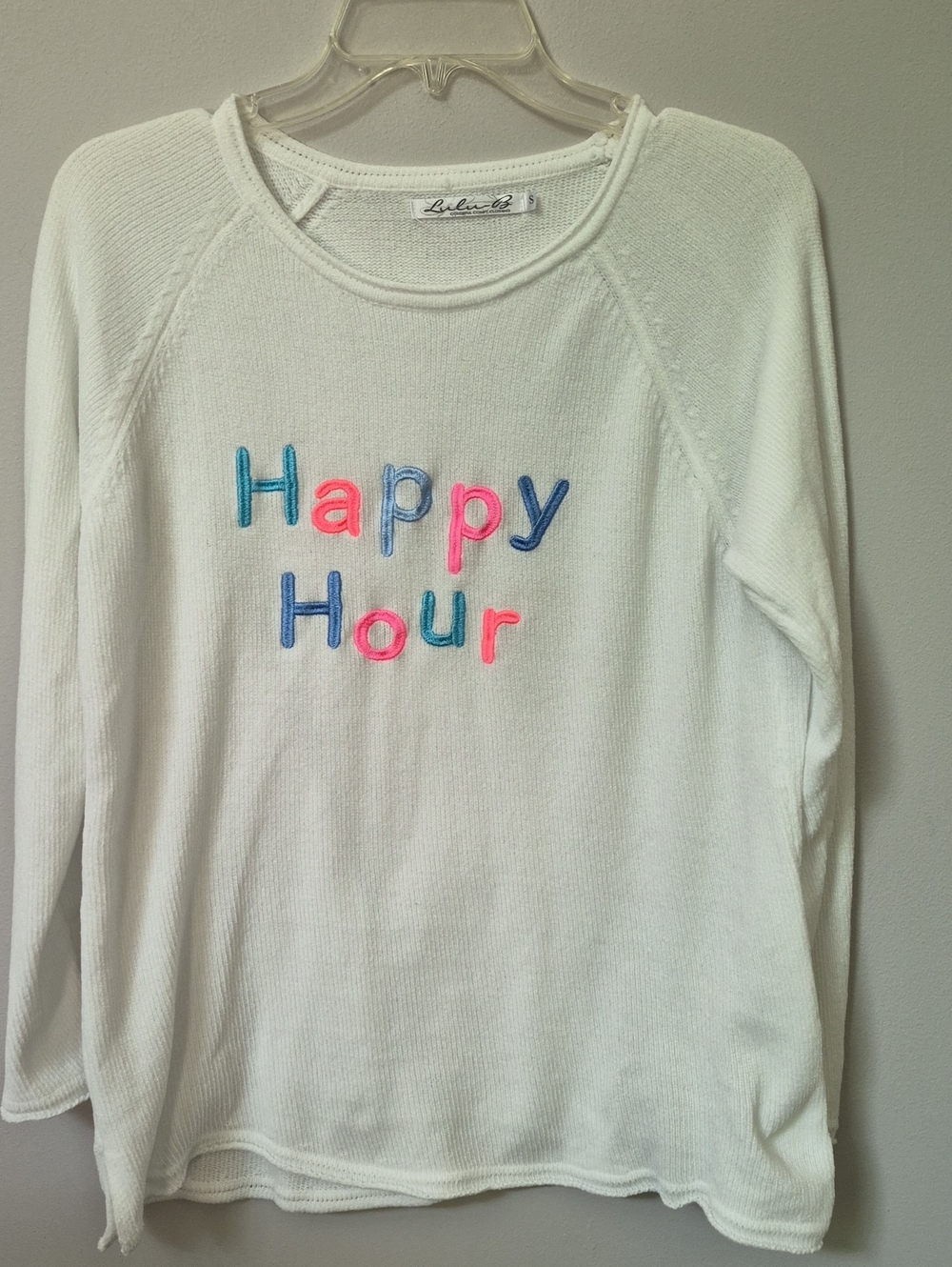 Lulu-B White Chenille Sweater Womens S "Happy Hour" Embroidery Party Vacation